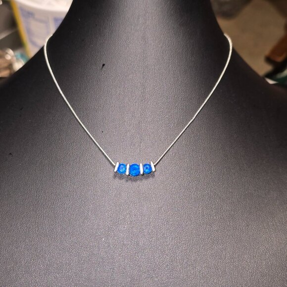 Silver Tone Snake Chain with 3 Blue Crystals Pendant - Picture 2 of 3